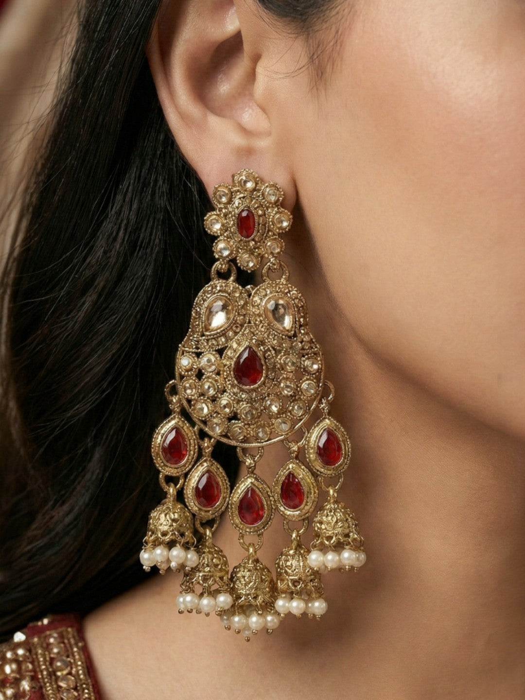 Meira Jewellery Gold Plated Traditional Kundan Drop Earrings for Women, Statement Chandbali Style Earrings with Stone Work and Beaded Dangling Drops, Festive Wedding Party Long Dangler Earrings-34