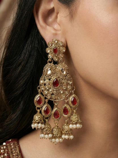 Meira Jewellery Gold Plated Traditional Kundan Drop Earrings for Women, Statement Chandbali Style Earrings with Stone Work and Beaded Dangling Drops, Festive Wedding Party Long Dangler Earrings-34