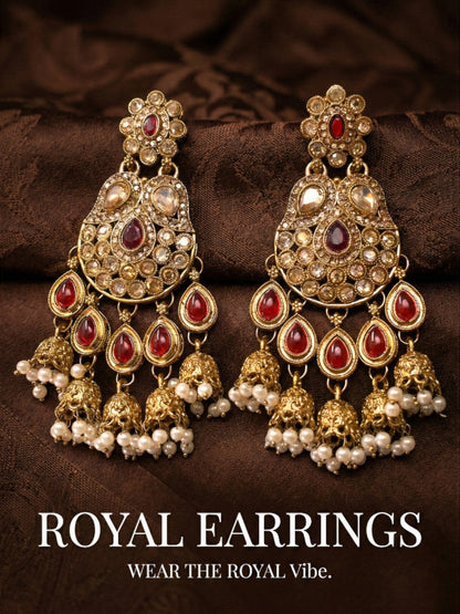 Meira Jewellery Gold Plated Traditional Kundan Drop Earrings for Women, Statement Chandbali Style Earrings with Stone Work and Beaded Dangling Drops, Festive Wedding Party Long Dangler Earrings-34