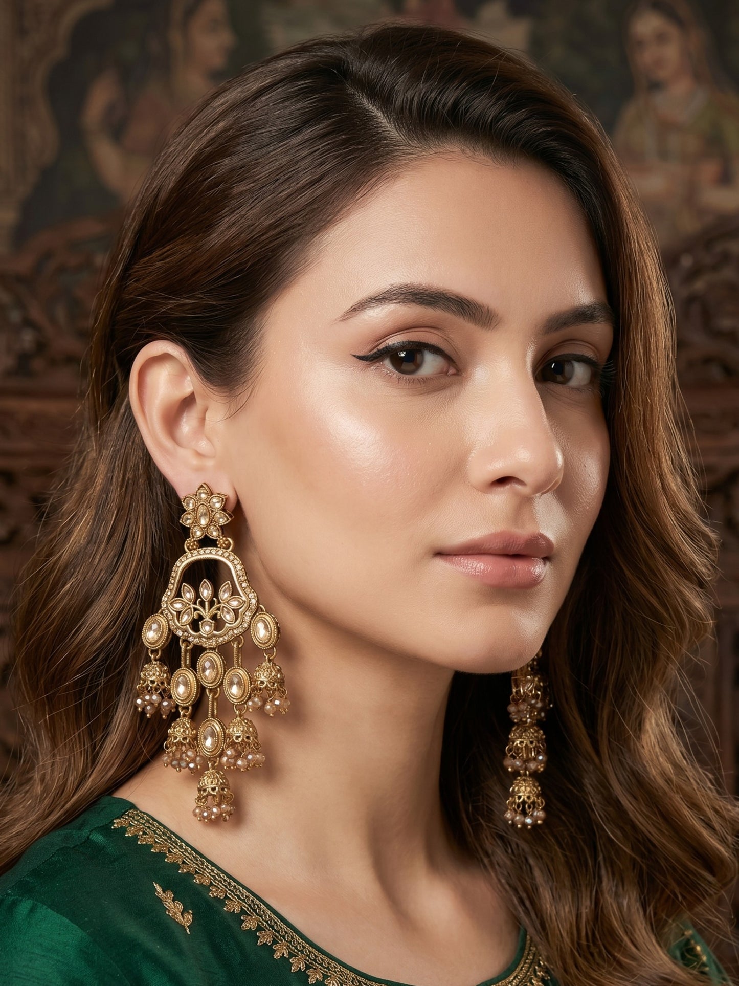 Women Gold-Toned Traditional Stone Studded Ethnic Earrings