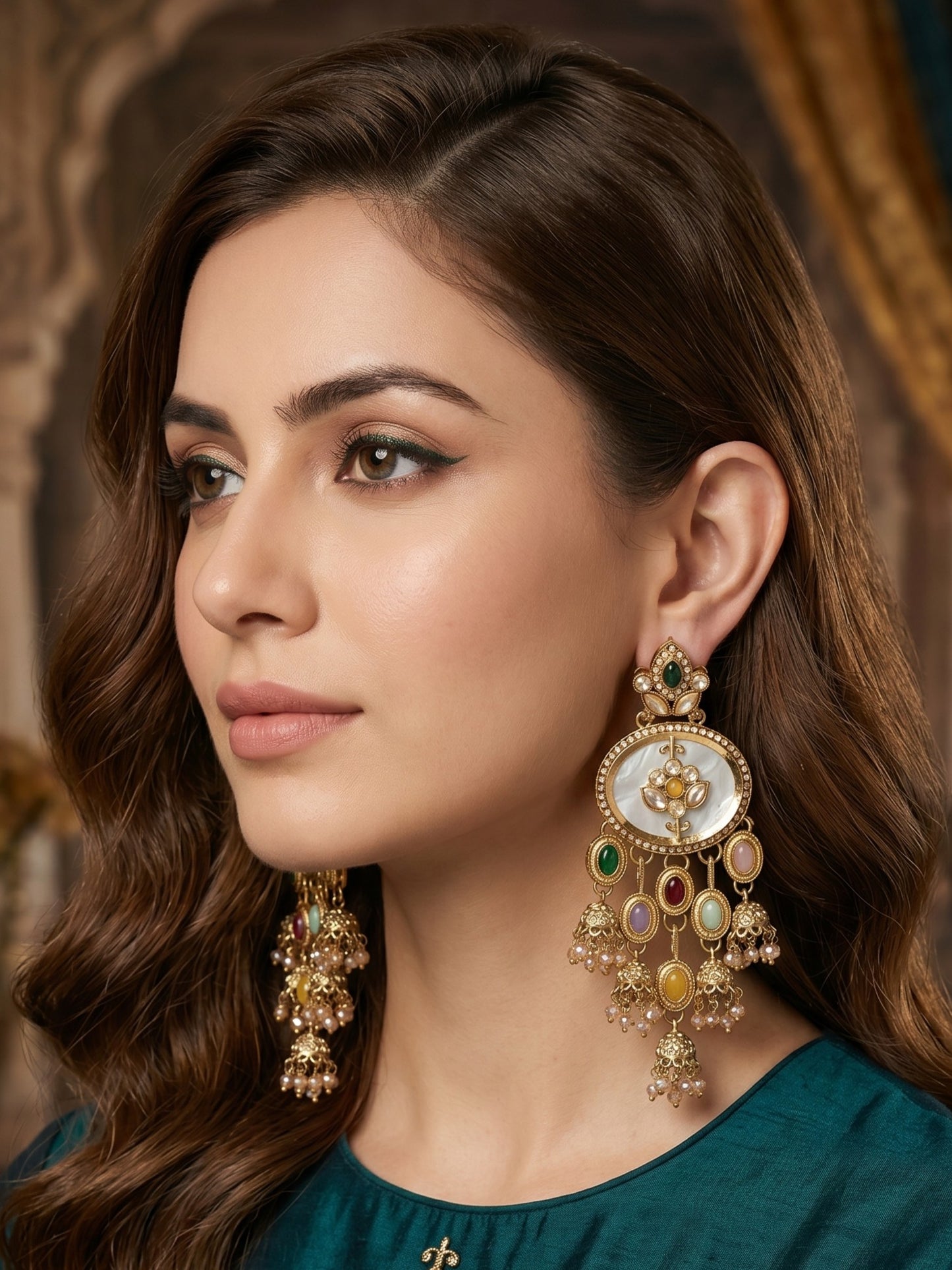 Women Gold-Toned Traditional Stone Studded Ethnic Earrings