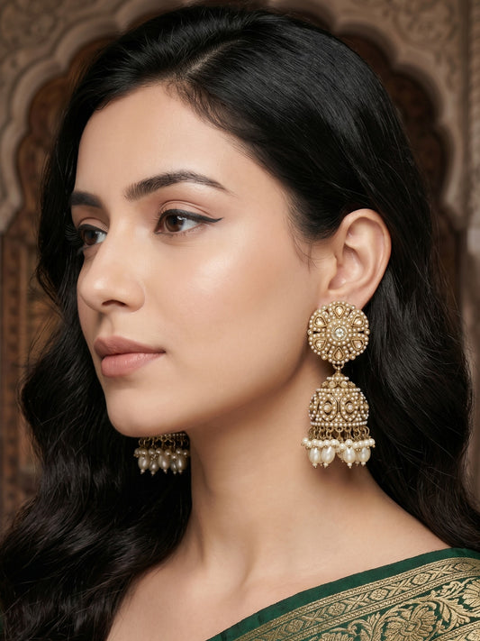 Women Gold-Toned Kundan Pearl Embellished Ethnic Jhumka Earrings