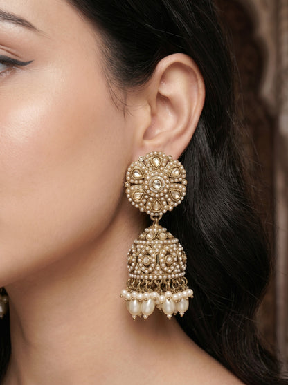 Women Gold-Toned Kundan Pearl Embellished Ethnic Jhumka Earrings