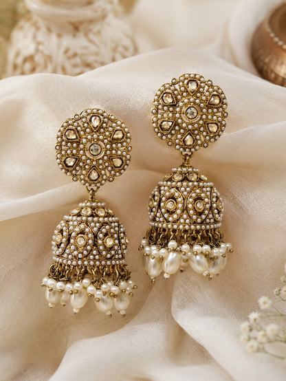 Women Gold-Toned Kundan Pearl Embellished Ethnic Jhumka Earrings