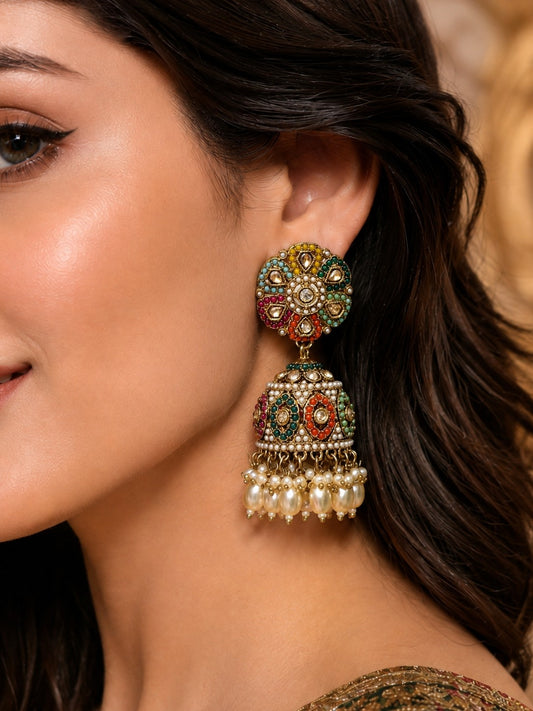 Women Multicolor Kundan Embellished Pearl Drop Ethnic Jhumka Earrings