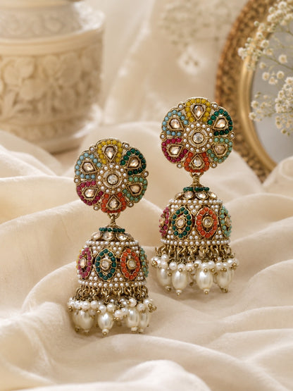 Women Multicolor Kundan Embellished Pearl Drop Ethnic Jhumka Earrings