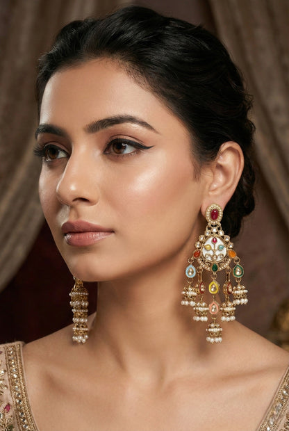 Gold Plated, Premium Multi Stylish Chandbali Jhumka Earrings for Women, Traditional Bridal Ethnic Dangling Earring with Kundan & Heavy Long Earring, Wedding Festive Party Statement Luxury Jewellery-14