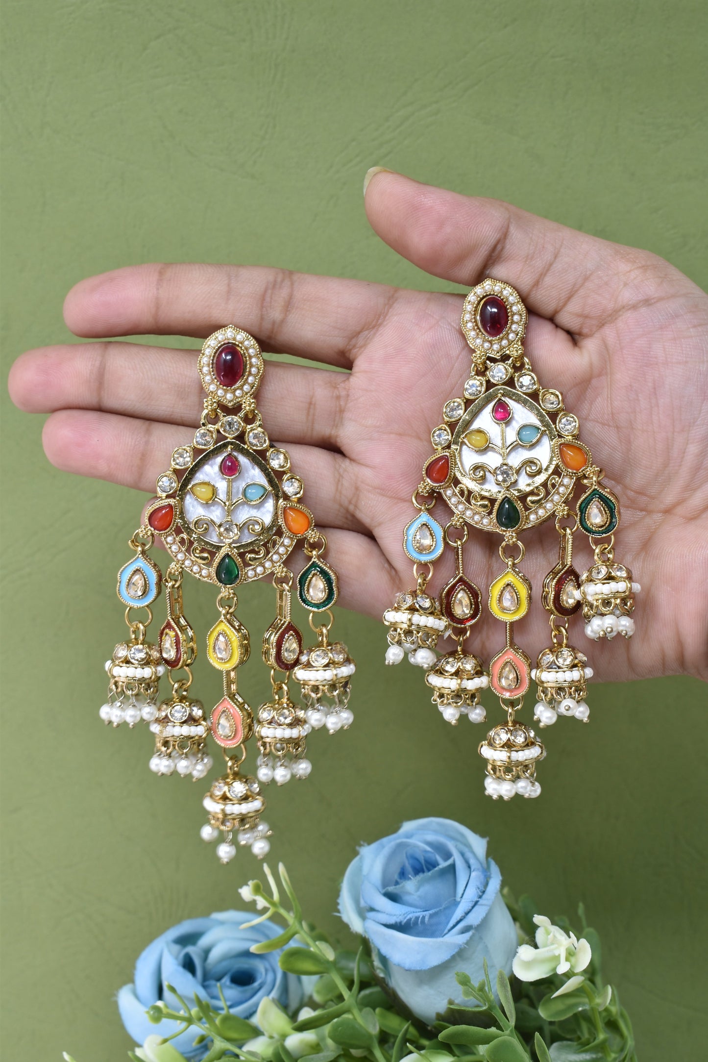 Gold Plated, Premium Multi Stylish Chandbali Jhumka Earrings for Women, Traditional Bridal Ethnic Dangling Earring with Kundan & Heavy Long Earring, Wedding Festive Party Statement Luxury Jewellery-14