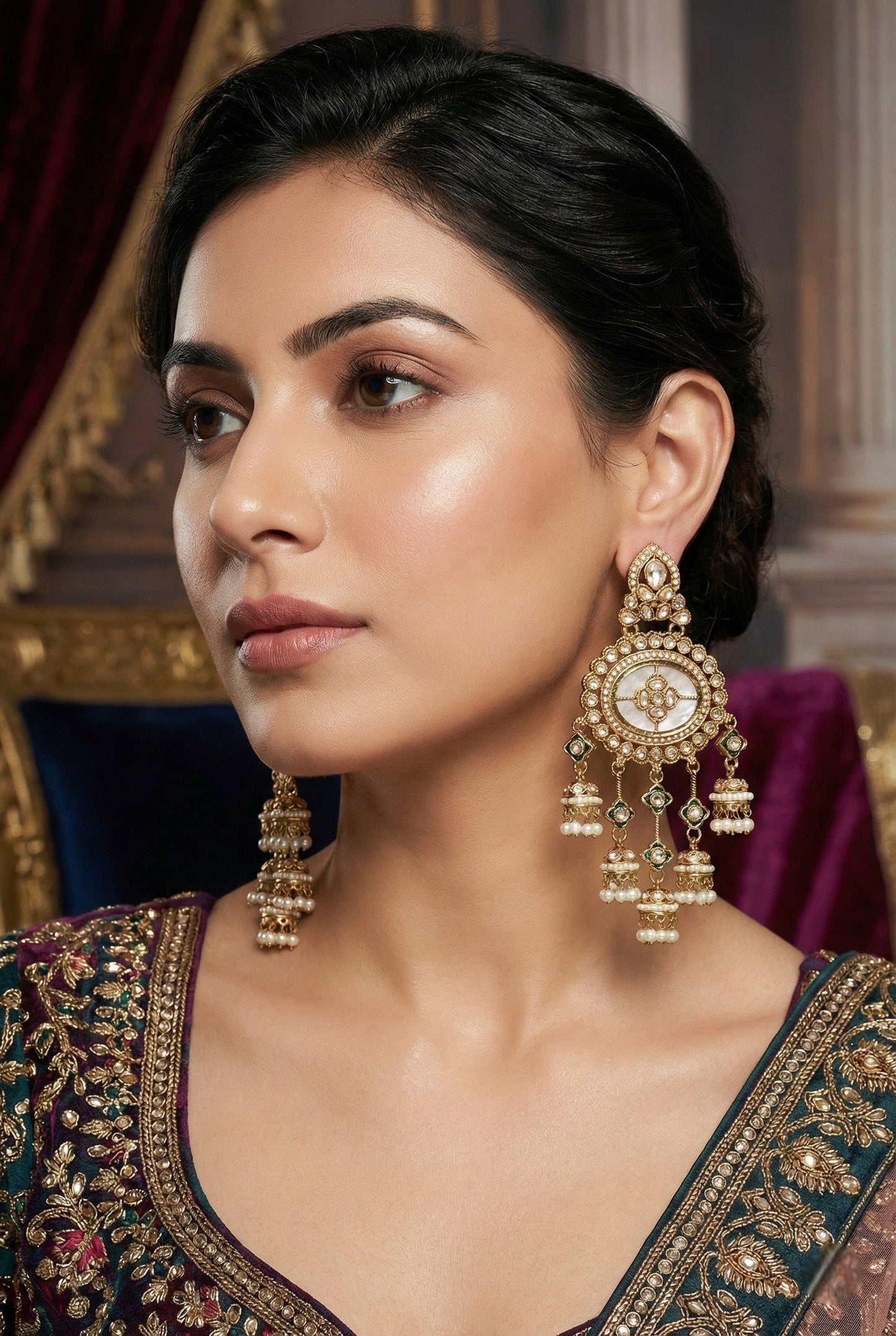 Gold Plated, Premium Polki Style Chandbali Jhumka Earrings for Women, Traditional Bridal Ethnic Dangling Earring with Kundan & Heavy Long Earring, Wedding Festive Party Statement Luxury Jewellery-15