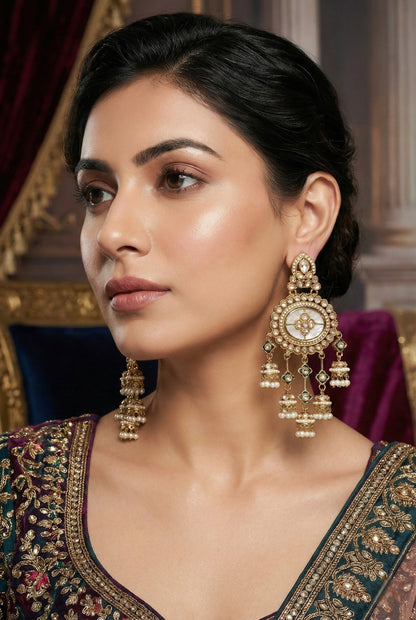 Gold Plated, Premium Polki Style Chandbali Jhumka Earrings for Women, Traditional Bridal Ethnic Dangling Earring with Kundan & Heavy Long Earring, Wedding Festive Party Statement Luxury Jewellery-15