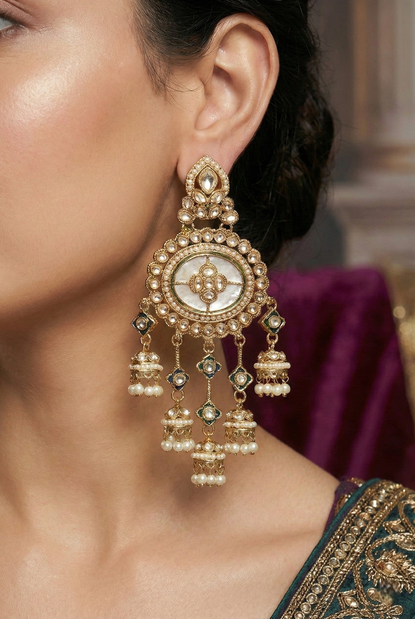 Gold Plated, Premium Polki Style Chandbali Jhumka Earrings for Women, Traditional Bridal Ethnic Dangling Earring with Kundan & Heavy Long Earring, Wedding Festive Party Statement Luxury Jewellery-15