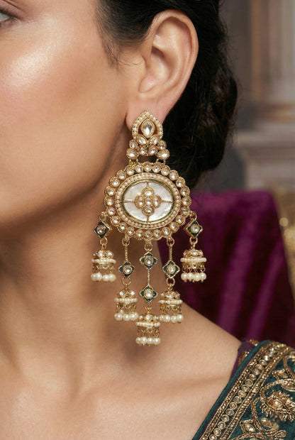 Gold Plated, Premium Polki Style Chandbali Jhumka Earrings for Women, Traditional Bridal Ethnic Dangling Earring with Kundan & Heavy Long Earring, Wedding Festive Party Statement Luxury Jewellery-15