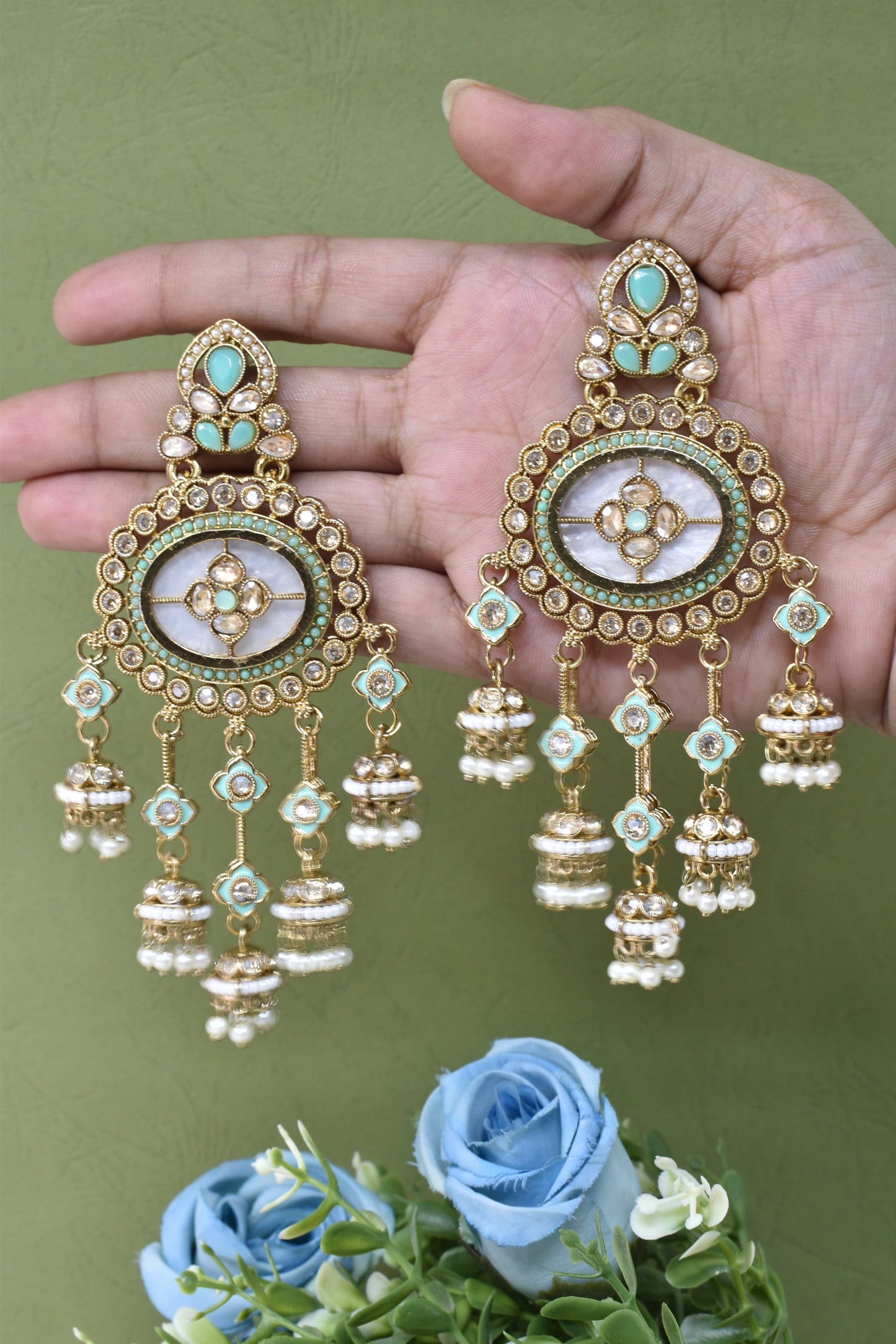 Gold Plated, Premium Polki Style Chandbali Jhumka Earrings for Women, Traditional Bridal Ethnic Dangling Earring with Kundan & Heavy Long Earring, Wedding Festive Party Statement Luxury Jewellery-15