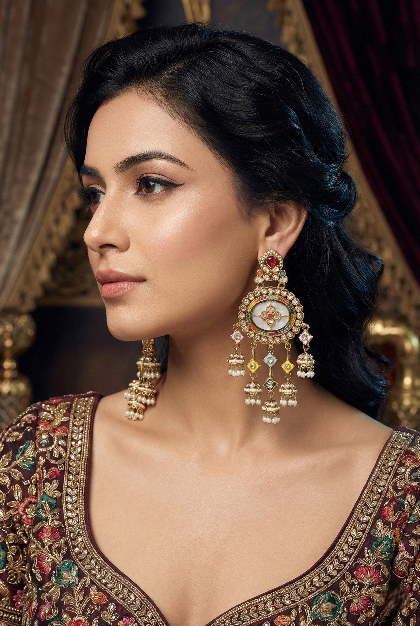 Gold Plated, Premium Multi Stylish Chandbali Jhumka Earrings for Women, Traditional Bridal Ethnic Dangling Earring with Kundan & Heavy Long Earring, Wedding Festive Party Statement Luxury Jewellery-16