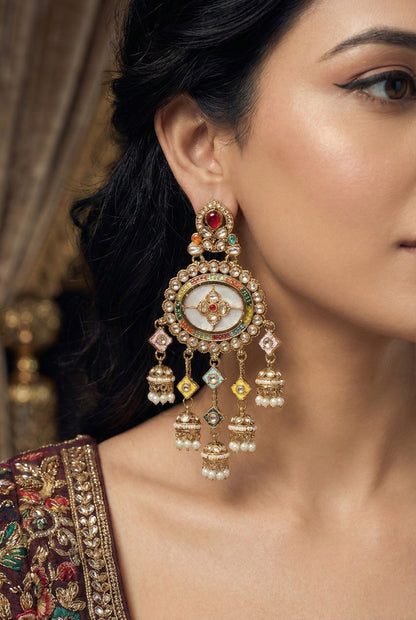 Gold Plated, Premium Multi Stylish Chandbali Jhumka Earrings for Women, Traditional Bridal Ethnic Dangling Earring with Kundan & Heavy Long Earring, Wedding Festive Party Statement Luxury Jewellery-16