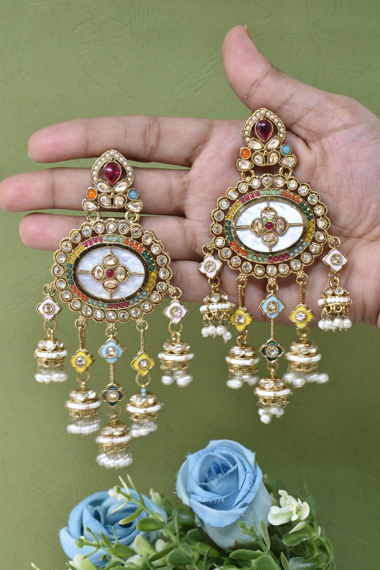 Gold Plated, Premium Multi Stylish Chandbali Jhumka Earrings for Women, Traditional Bridal Ethnic Dangling Earring with Kundan & Heavy Long Earring, Wedding Festive Party Statement Luxury Jewellery-16