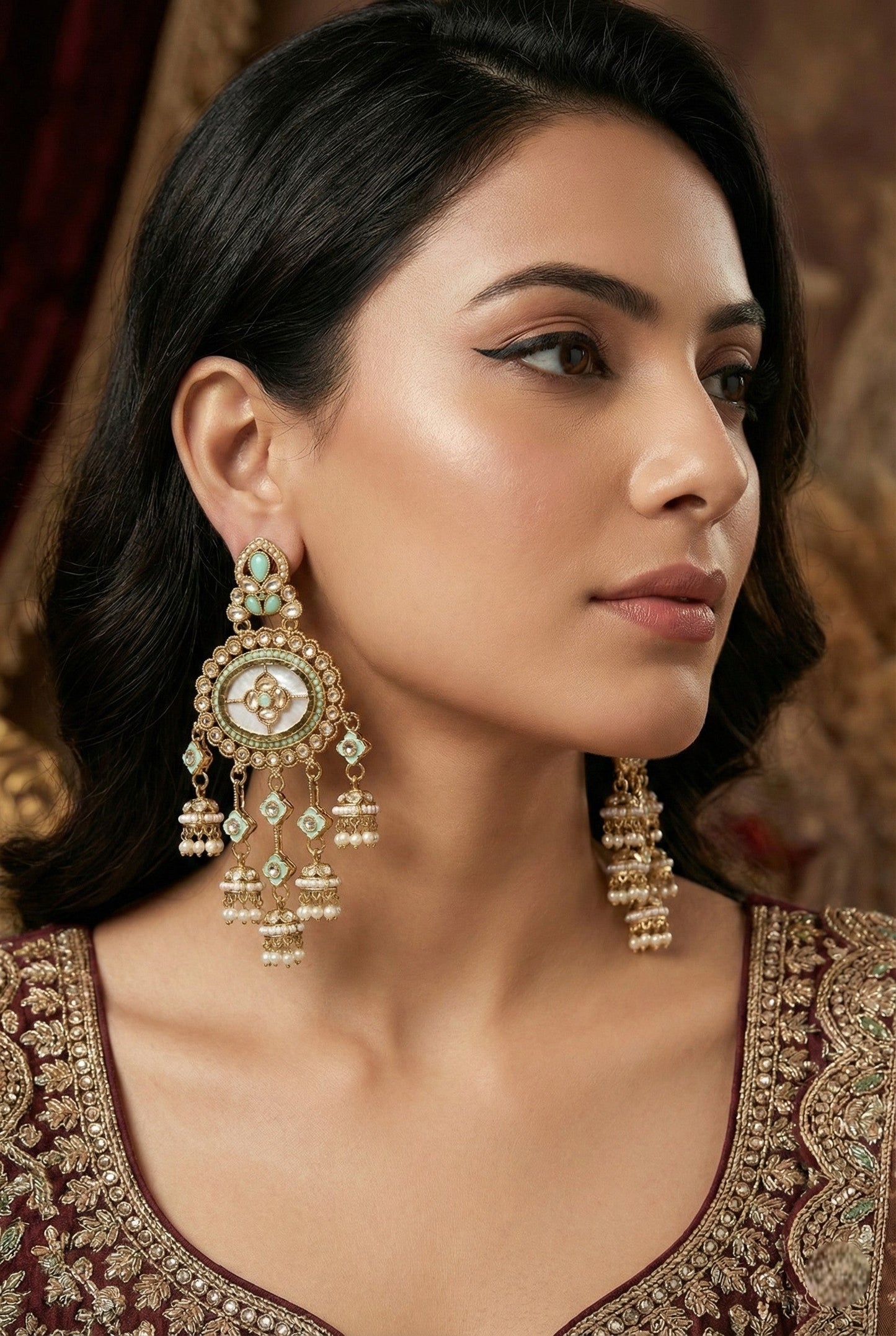 Gold Plated, Premium Polki Style Chandbali Jhumka Earrings for Women, Traditional Bridal Ethnic Dangling Earring with Kundan & Heavy Long Earring, Wedding Festive Party Statement Luxury Jewellery-17