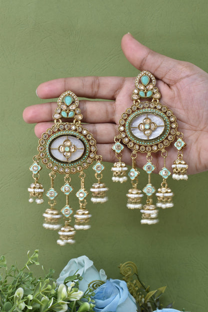 Gold Plated, Premium Polki Style Chandbali Jhumka Earrings for Women, Traditional Bridal Ethnic Dangling Earring with Kundan & Heavy Long Earring, Wedding Festive Party Statement Luxury Jewellery-17