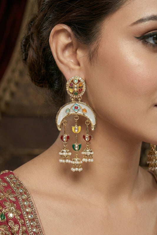 Gold Plated, Premium Multi Stylish Chandbali Jhumka Earrings for Women, Traditional Bridal Ethnic Dangling Earring with Kundan & Heavy Long Earring, Wedding Festive Party Statement Luxury Jewellery-19