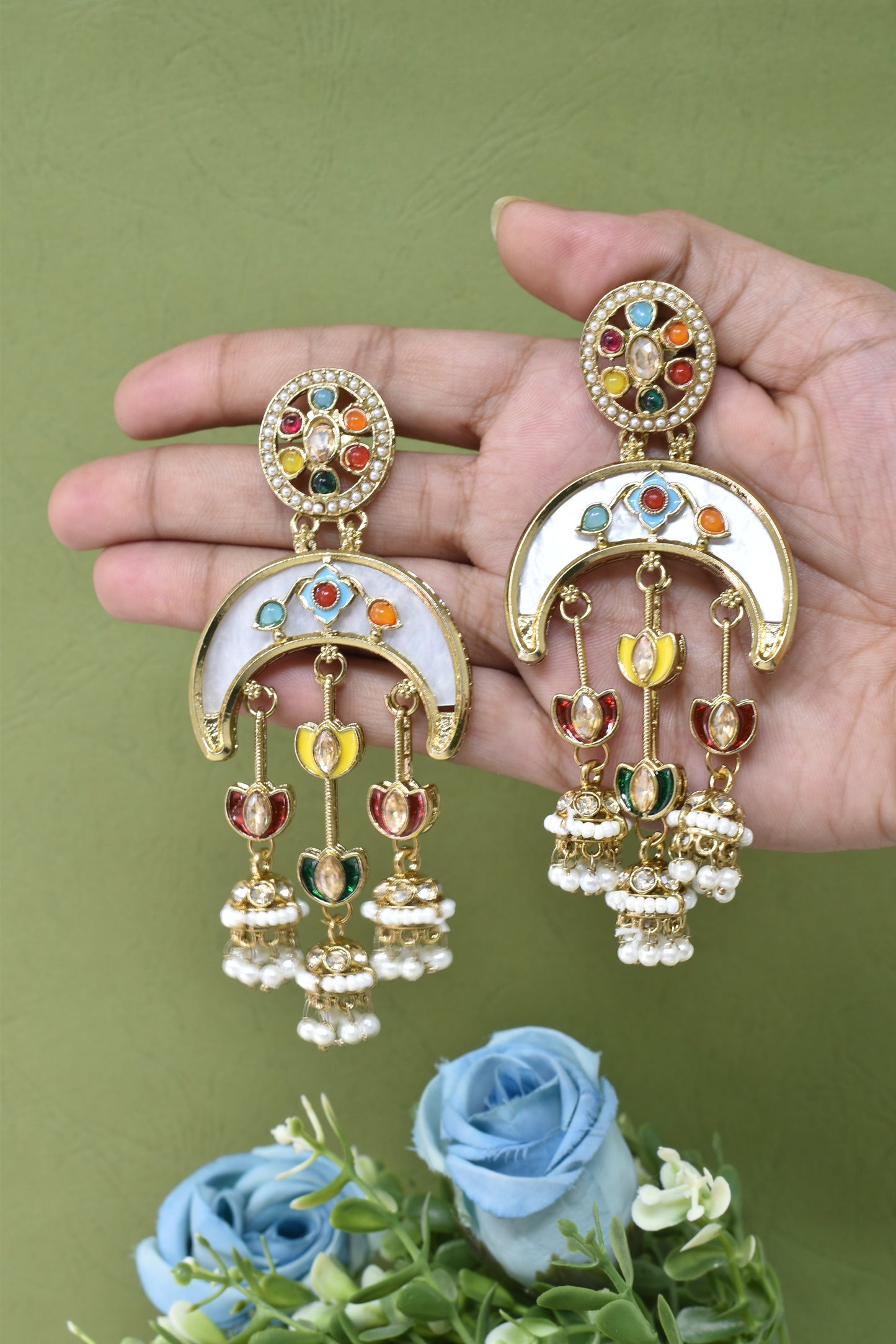 Gold Plated, Premium Multi Stylish Chandbali Jhumka Earrings for Women, Traditional Bridal Ethnic Dangling Earring with Kundan & Heavy Long Earring, Wedding Festive Party Statement Luxury Jewellery-19