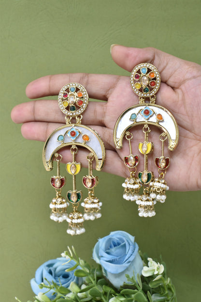 Gold Plated, Premium Multi Stylish Chandbali Jhumka Earrings for Women, Traditional Bridal Ethnic Dangling Earring with Kundan & Heavy Long Earring, Wedding Festive Party Statement Luxury Jewellery-19