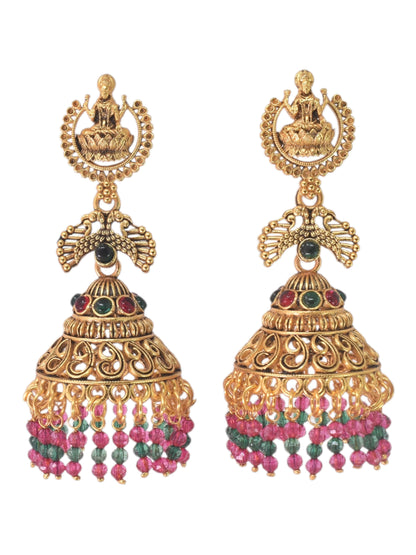 Gold Plated, Multi Coloured Stylish Oxidised Jhumka Earrings for Women, Traditional Ethnic Dangling Earring with Pearl Drop Wedding Festive Party Jewellery, Laxmi Motif Temple Style Jhumka Earring