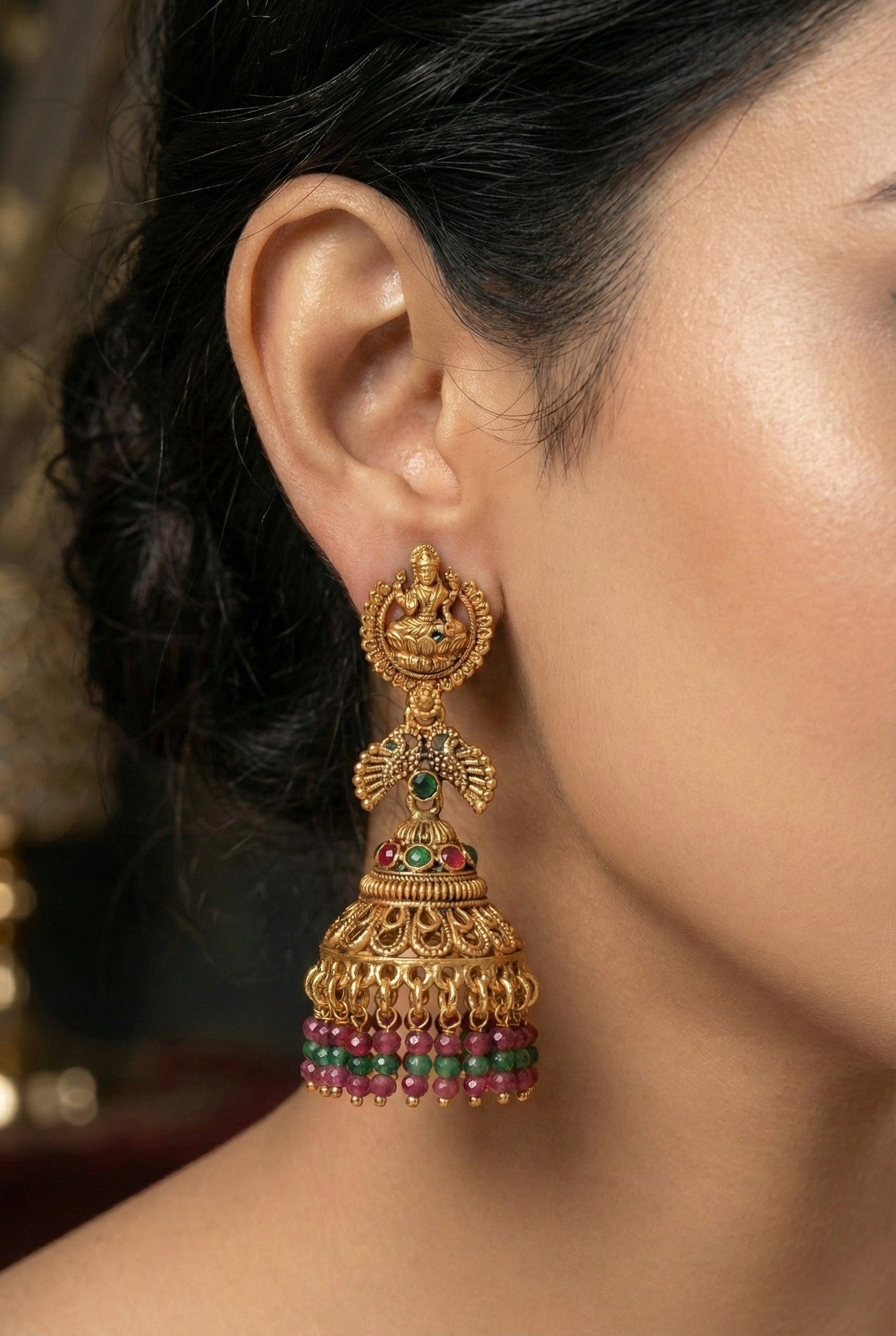 Gold Plated, Multi Coloured Stylish Oxidised Jhumka Earrings for Women, Traditional Ethnic Dangling Earring with Pearl Drop Wedding Festive Party Jewellery, Laxmi Motif Temple Style Jhumka Earring