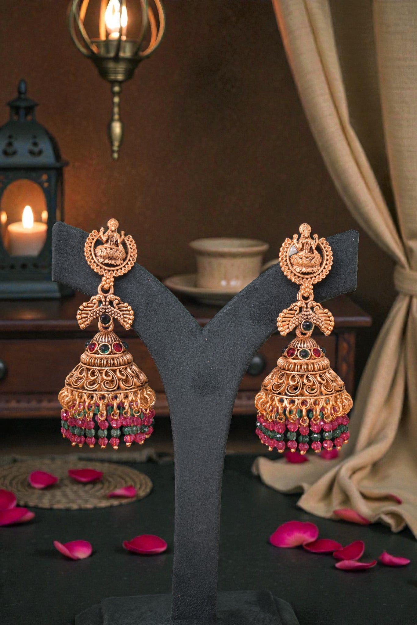 Gold Plated, Multi Coloured Stylish Oxidised Jhumka Earrings for Women, Traditional Ethnic Dangling Earring with Pearl Drop Wedding Festive Party Jewellery, Laxmi Motif Temple Style Jhumka Earring