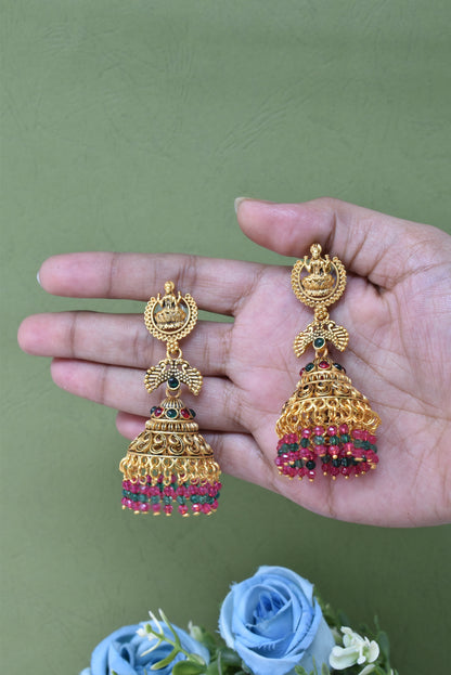 Gold Plated, Multi Coloured Stylish Oxidised Jhumka Earrings for Women, Traditional Ethnic Dangling Earring with Pearl Drop Wedding Festive Party Jewellery, Laxmi Motif Temple Style Jhumka Earring