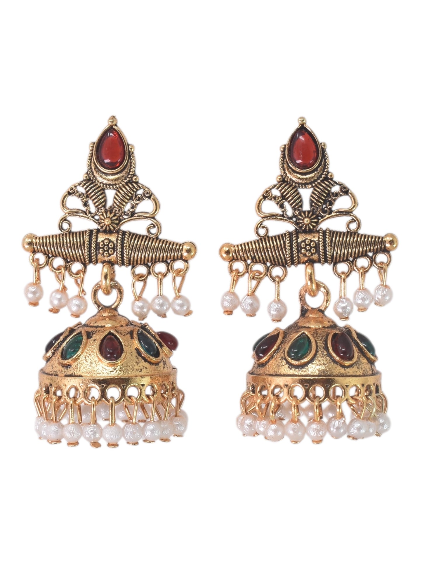 Gold Plated, Multi Coloured Kundan Studded Stylish Oxidised Small Jhumka Earrings for Women and Girls, Traditional Ethnic Dangling Earring with White Pearl Drop Wedding Festive Party Indian Jewellery