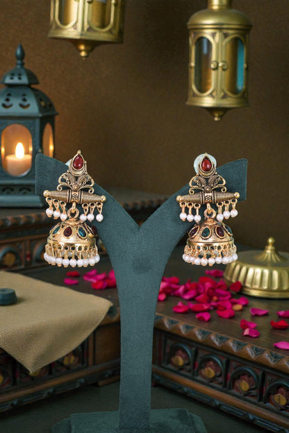 Gold Plated, Multi Coloured Kundan Studded Stylish Oxidised Small Jhumka Earrings for Women and Girls, Traditional Ethnic Dangling Earring with White Pearl Drop Wedding Festive Party Indian Jewellery