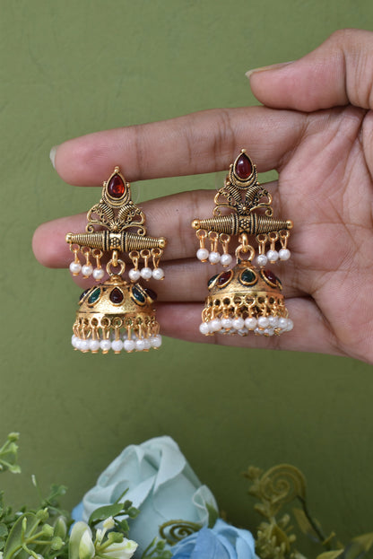 Gold Plated, Multi Coloured Kundan Studded Stylish Oxidised Small Jhumka Earrings for Women and Girls, Traditional Ethnic Dangling Earring with White Pearl Drop Wedding Festive Party Indian Jewellery