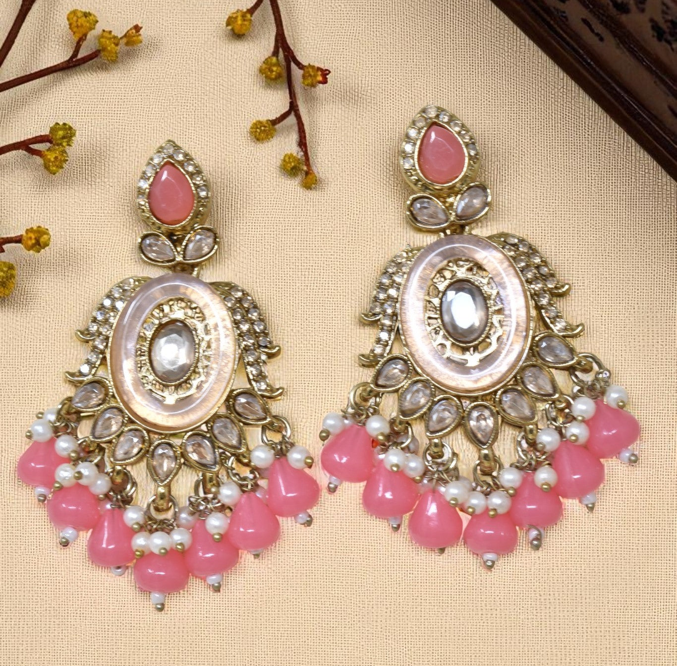 Ethnic Gold Plated Kundan Chandbali Earrings for Women, Traditional Indian Jhumka Drop Earring Set with Pearl & Stone Detailing, Perfect for Wedding, Festival, Party and Gifting