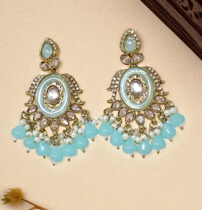 Ethnic Gold Plated Kundan Chandbali Earrings for Women, Traditional Indian Jhumka Drop Earring Set with Pearl & Stone Detailing, Perfect for Wedding, Festival, Party and Gifting