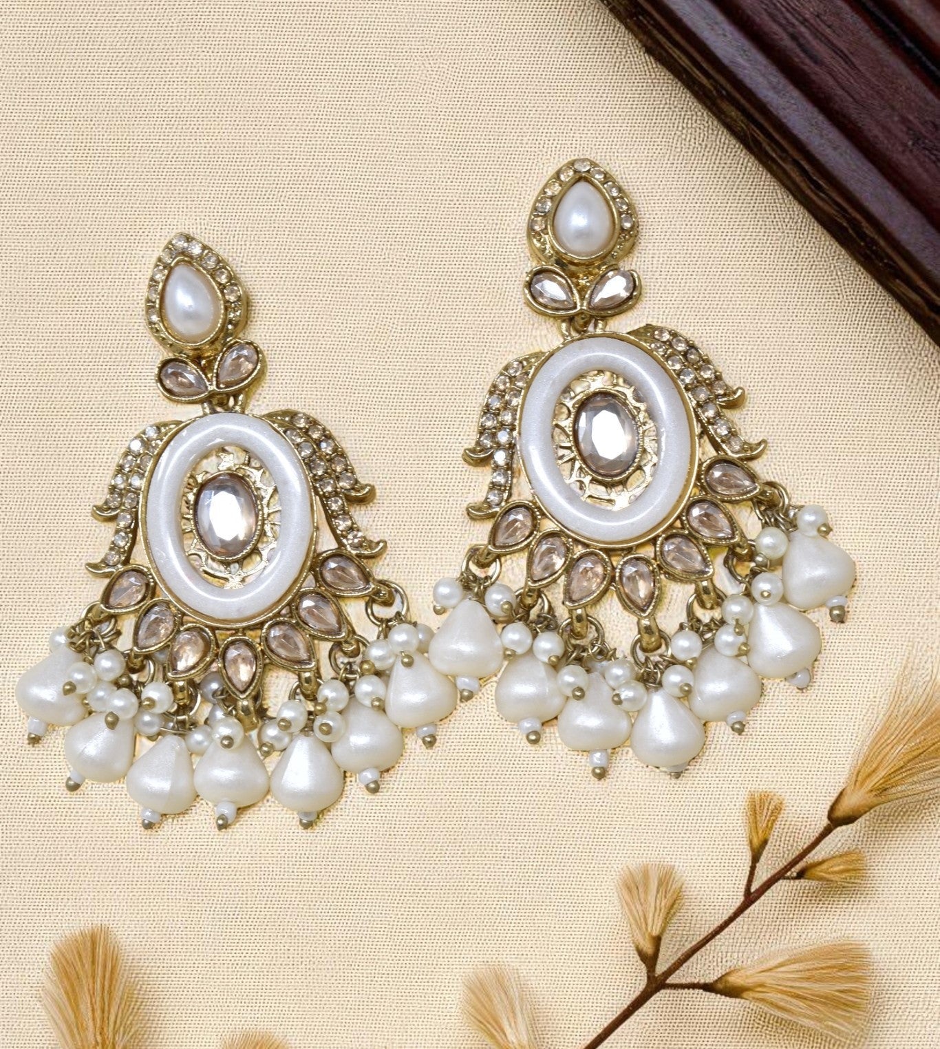 Ethnic Gold Plated Kundan Chandbali Earrings for Women, Traditional Indian Jhumka Drop Earring Set with Pearl & Stone Detailing, Perfect for Wedding, Festival, Party and Gifting