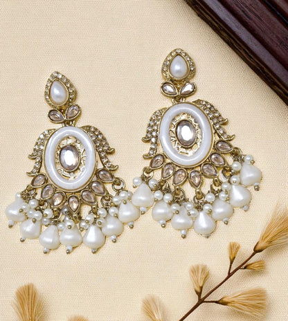 Ethnic Gold Plated Kundan Chandbali Earrings for Women, Traditional Indian Jhumka Drop Earring Set with Pearl & Stone Detailing, Perfect for Wedding, Festival, Party and Gifting
