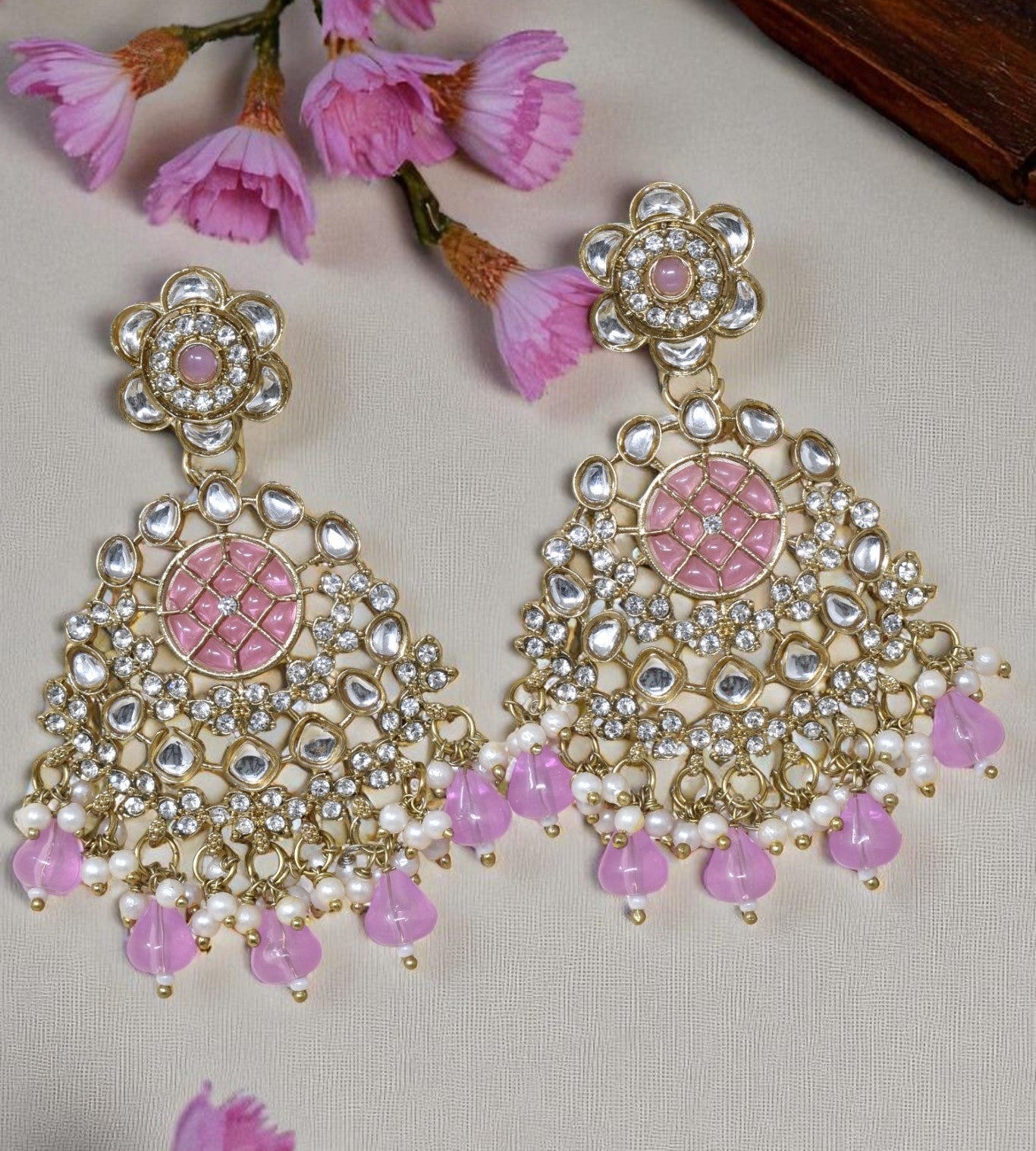 Ethnic Gold Plated Kundan Chandbali Earrings for Women, Traditional Indian Jhumka Drop Earring Set with Pearl & Stone Detailing, Perfect for Wedding, Festival, Party and Gifting