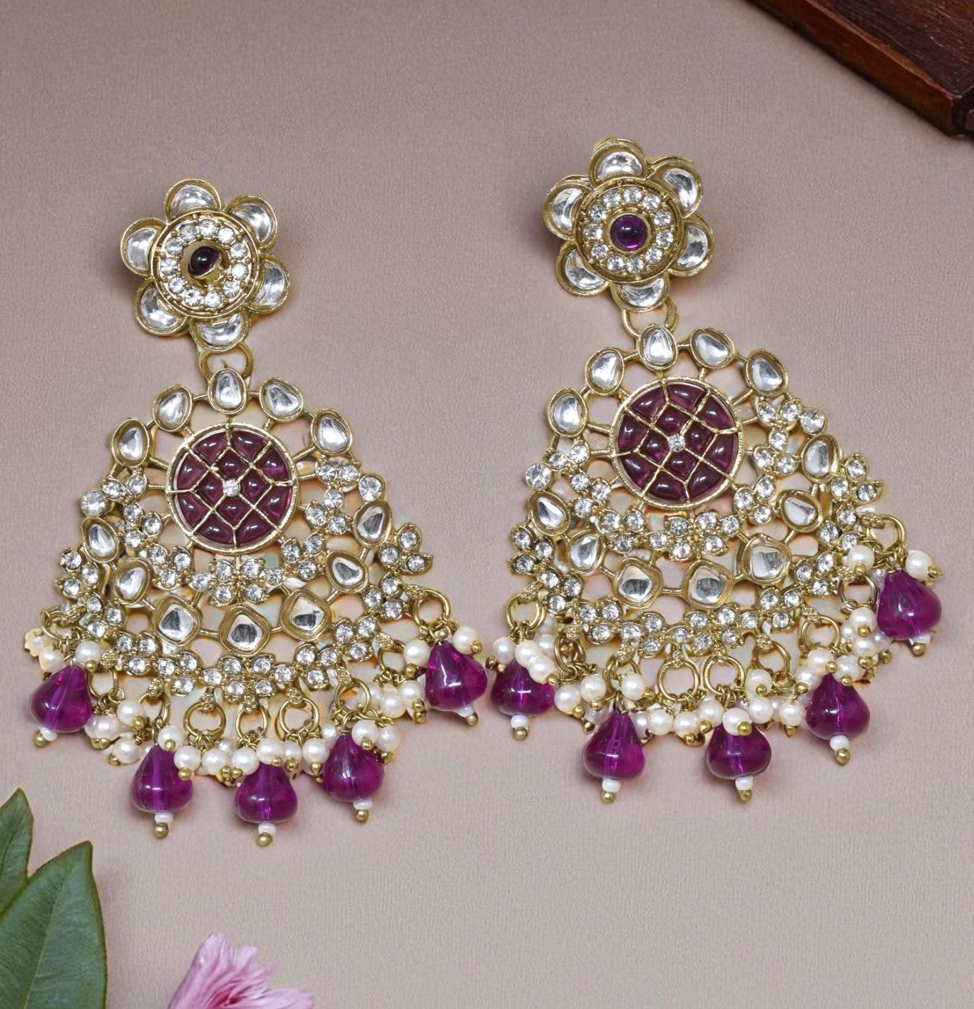Ethnic Gold Plated Kundan Chandbali Earrings for Women, Traditional Indian Jhumka Drop Earring Set with Pearl & Stone Detailing, Perfect for Wedding, Festival, Party and Gifting