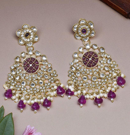 Ethnic Gold Plated Kundan Chandbali Earrings for Women, Traditional Indian Jhumka Drop Earring Set with Pearl & Stone Detailing, Perfect for Wedding, Festival, Party and Gifting