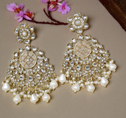 Ethnic Gold Plated Kundan Chandbali Earrings for Women, Traditional Indian Jhumka Drop Earring Set with Pearl & Stone Detailing, Perfect for Wedding, Festival, Party and Gifting