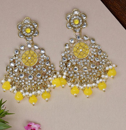 Ethnic Gold Plated Kundan Chandbali Earrings for Women, Traditional Indian Jhumka Drop Earring Set with Pearl & Stone Detailing, Perfect for Wedding, Festival, Party and Gifting