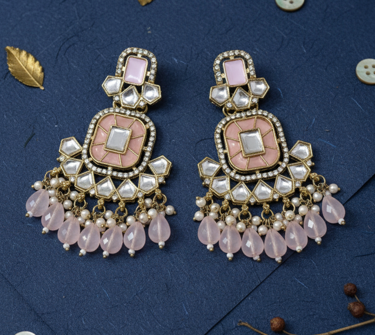 Ethnic Gold Plated Kundan Chandbali Earrings for Women, Traditional Indian Jhumka Drop Earring Set with Pearl & Stone Detailing, Perfect for Wedding, Festival, Party and Gifting