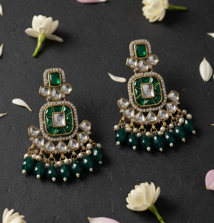 Ethnic Gold Plated Kundan Chandbali Earrings for Women, Traditional Indian Jhumka Drop Earring Set with Pearl & Stone Detailing, Perfect for Wedding, Festival, Party and Gifting