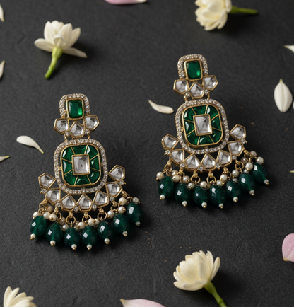 Ethnic Gold Plated Kundan Chandbali Earrings for Women, Traditional Indian Jhumka Drop Earring Set with Pearl & Stone Detailing, Perfect for Wedding, Festival, Party and Gifting