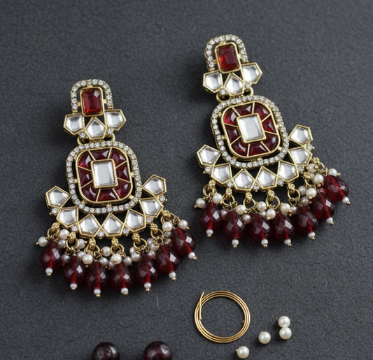 Ethnic Gold Plated Kundan Chandbali Earrings for Women, Traditional Indian Jhumka Drop Earring Set with Pearl & Stone Detailing, Perfect for Wedding, Festival, Party and Gifting