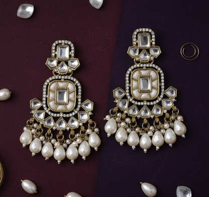 Ethnic Gold Plated Kundan Chandbali Earrings for Women, Traditional Indian Jhumka Drop Earring Set with Pearl & Stone Detailing, Perfect for Wedding, Festival, Party and Gifting