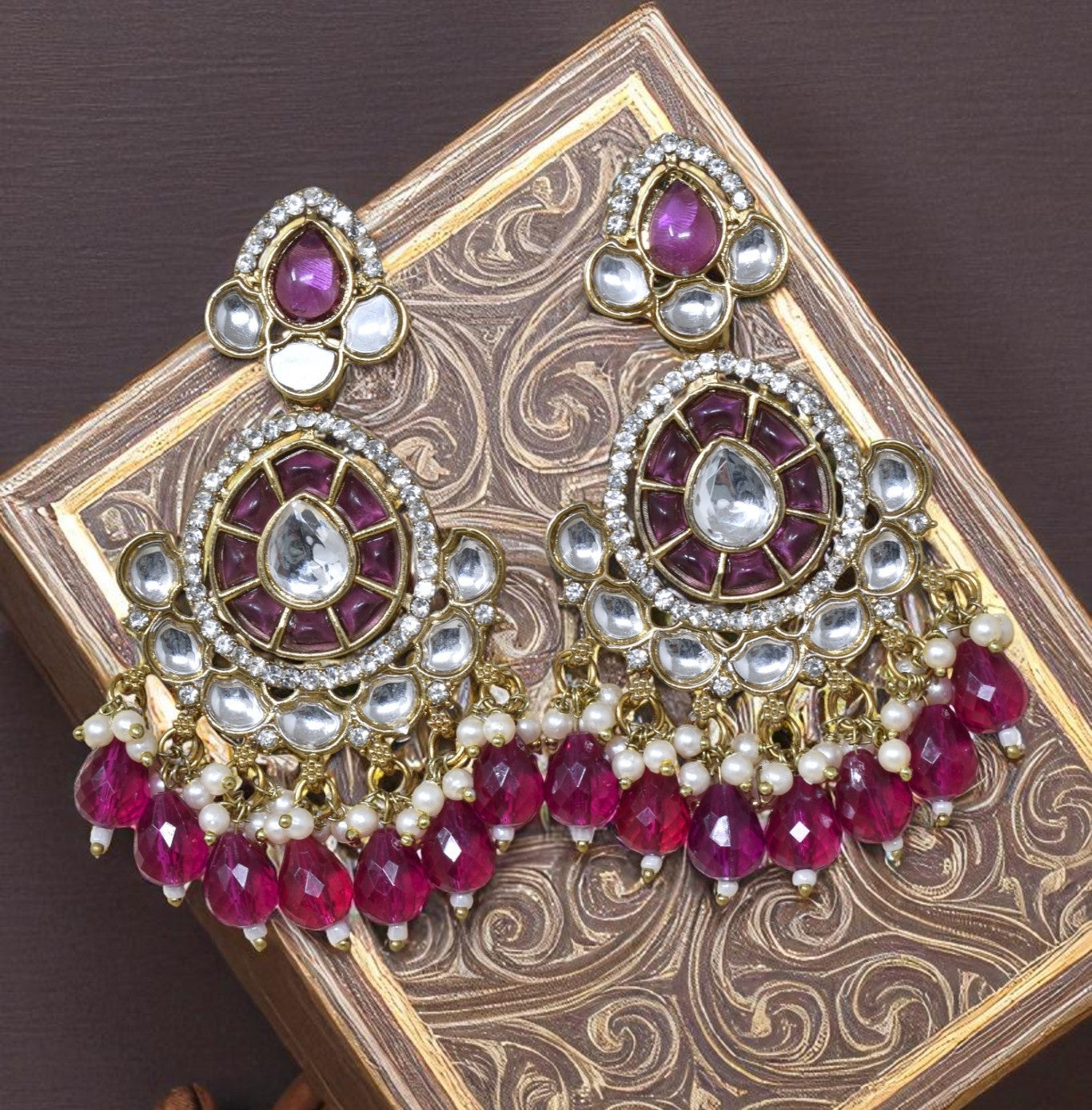 Ethnic Gold Plated Kundan Chandbali Earrings for Women, Traditional Indian Jhumka Drop Earring Set with Pearl & Stone Detailing, Perfect for Wedding, Festival, Party and Gifting