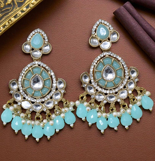 Ethnic Gold Plated Kundan Chandbali Earrings for Women, Traditional Indian Jhumka Drop Earring Set with Pearl & Stone Detailing, Perfect for Wedding, Festival, Party and Gifting