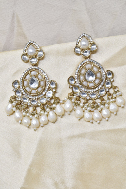 Ethnic Gold Plated Kundan Chandbali Earrings for Women, Traditional Indian Jhumka Drop Earring Set with Pearl & Stone Detailing, Perfect for Wedding, Festival, Party and Gifting