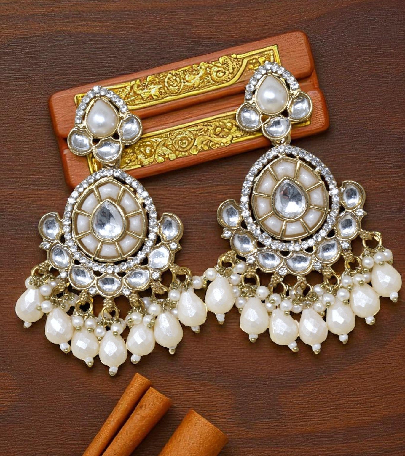 Ethnic Gold Plated Kundan Chandbali Earrings for Women, Traditional Indian Jhumka Drop Earring Set with Pearl & Stone Detailing, Perfect for Wedding, Festival, Party and Gifting